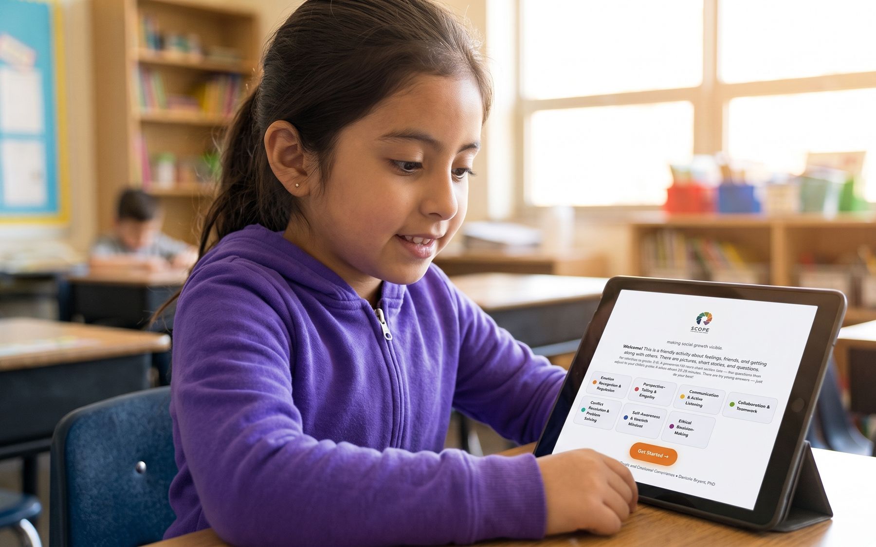 A student taking the SCOPE assessment on a tablet in her classroom